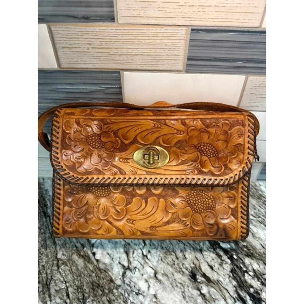 Vintage Hand Tooled Leather Handbag Brown Floral